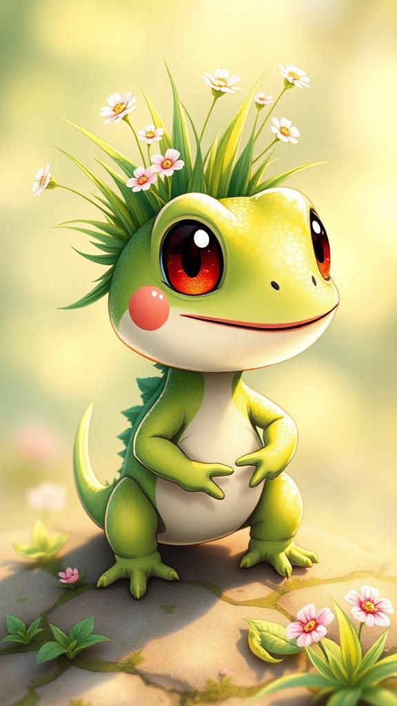 Chibi Lizard Pokémon in Anime Key Visual Style