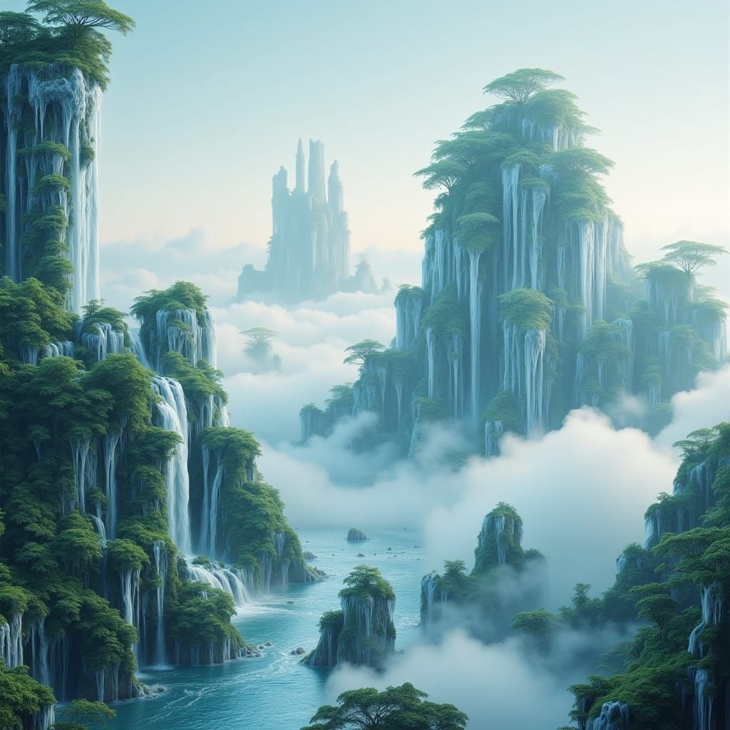 Floating Islands With Sky Waterfalls In Watercolor Style