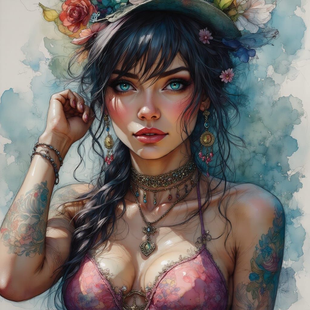 Charming Woman with Tattoos in Photorealistic Style
