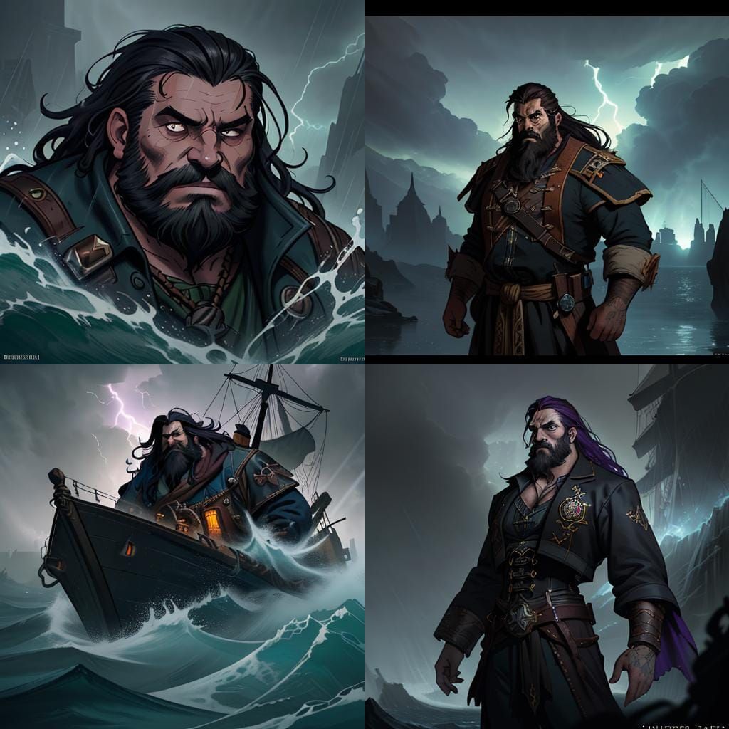 Dwarf Pirate Captain in Sea Storm, Comic Style