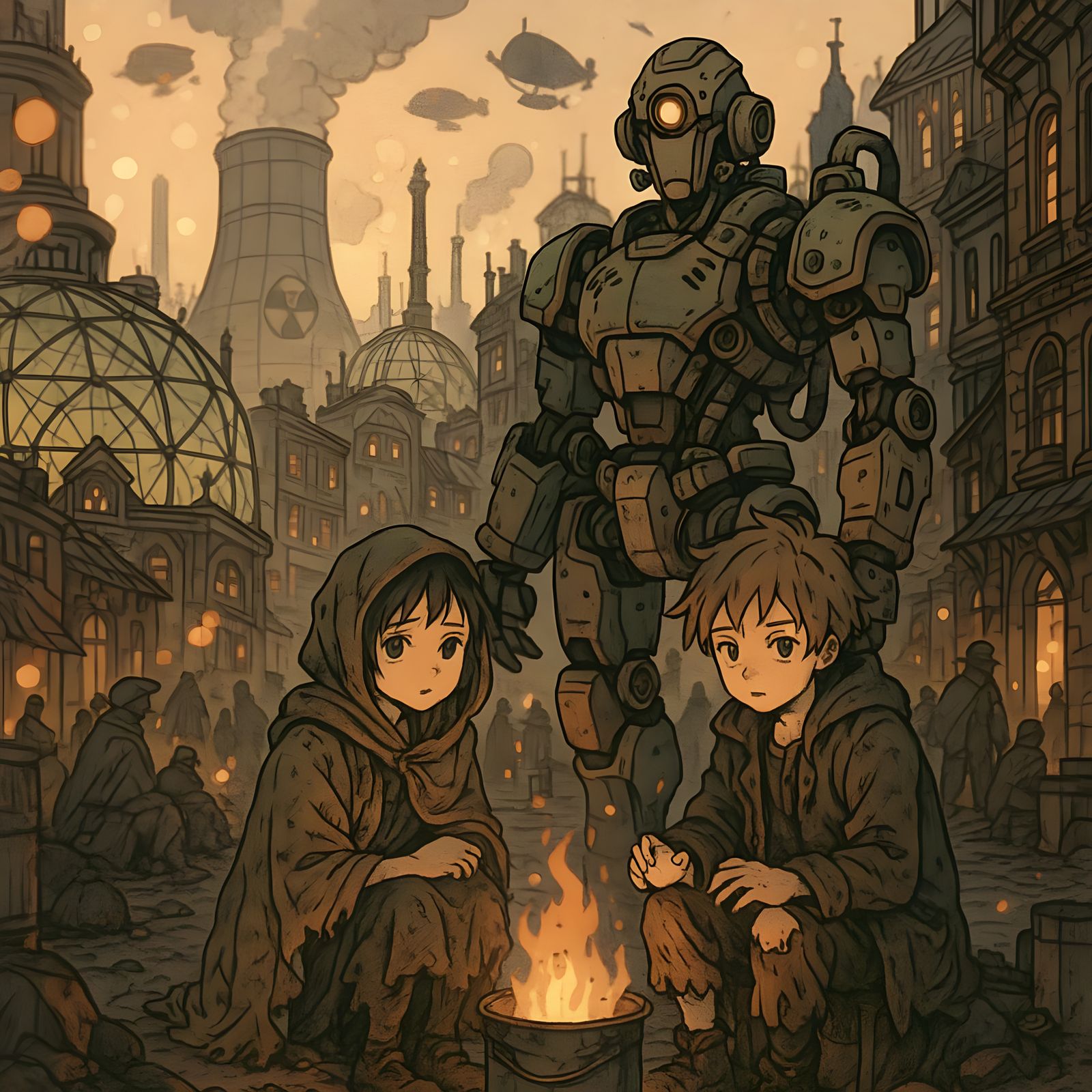 Mecha Anime Cityscape in Victorian Steampunk Slums