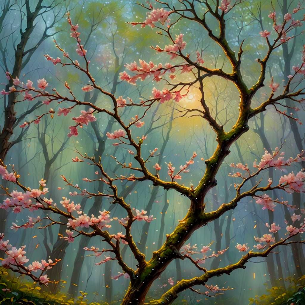Ethereal Glass Cherry Blossoms Oil Painting