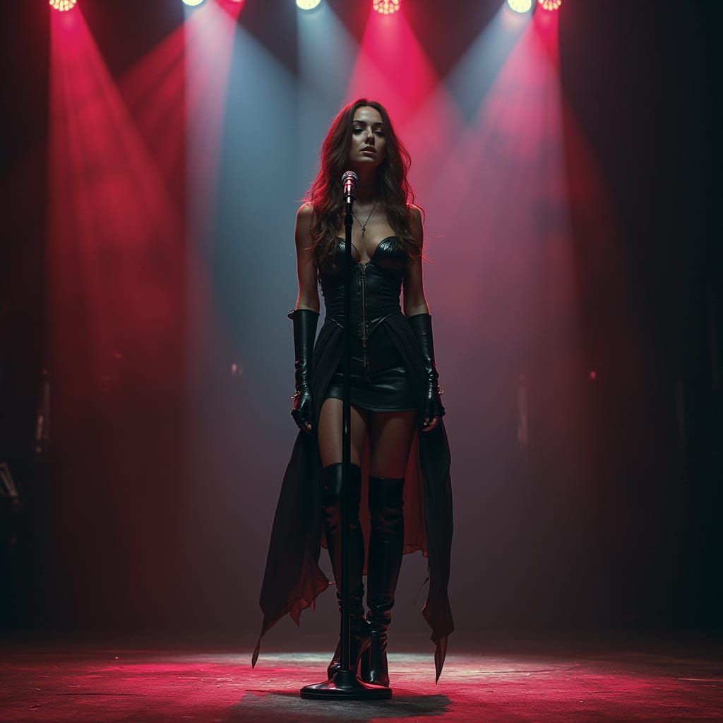 Sultry Rockstar Performs Under Neon Spotlight
