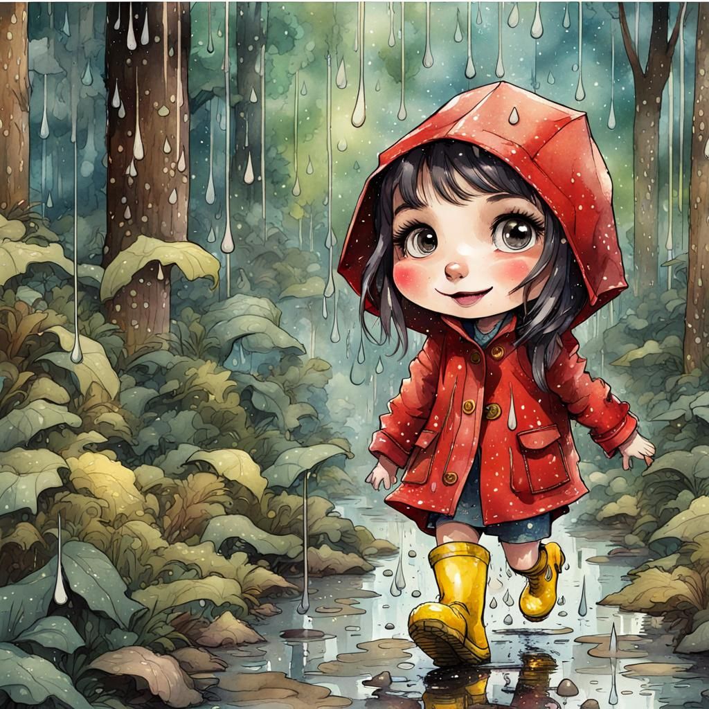 Chibi Girl in Rainy Forest: Digital Watercolor Illustration