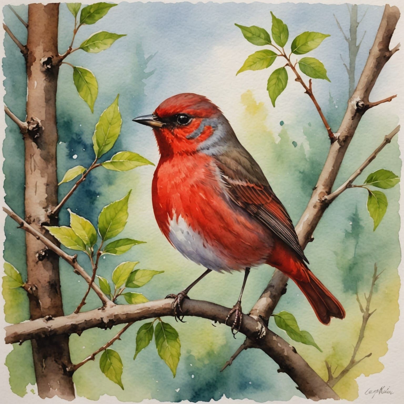 Vibrant Watercolor Red Warbler