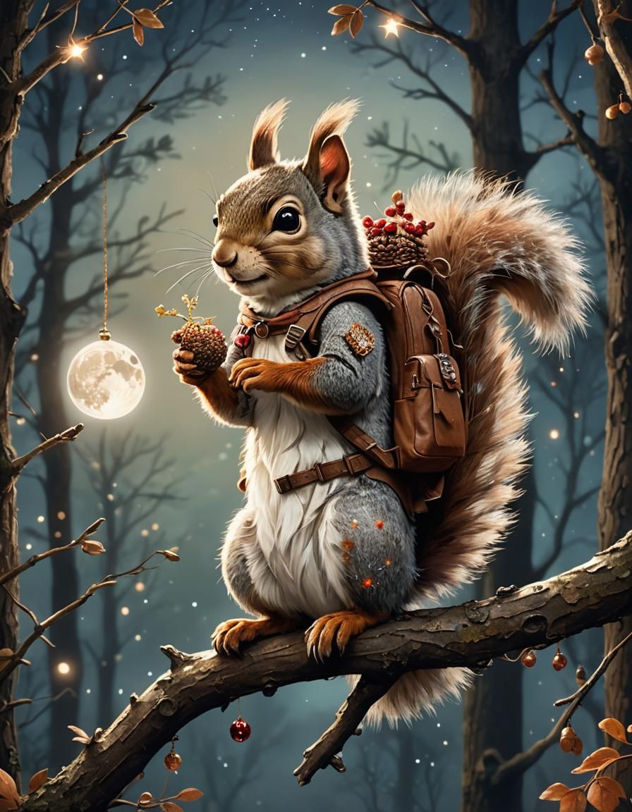 Charming Squirrel with Glowing Crystal Under Moonlight