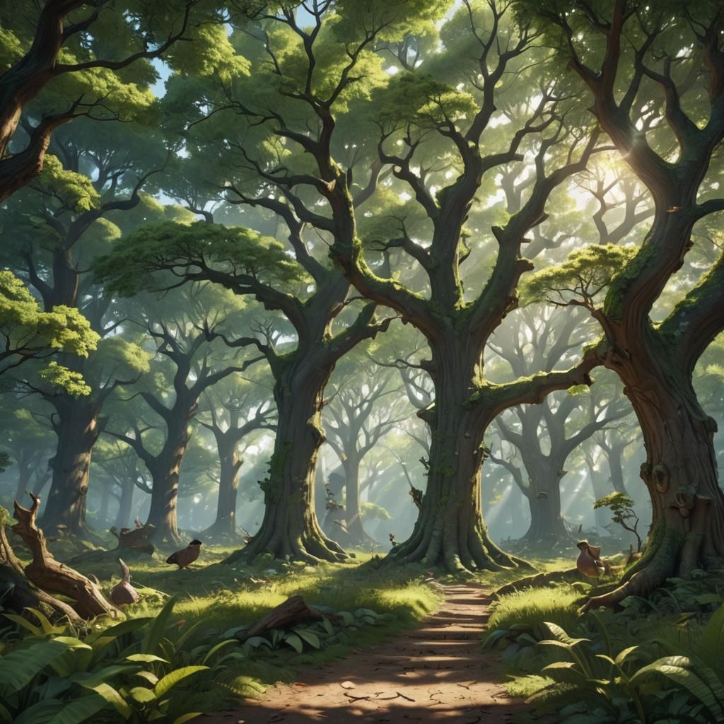 Sunlit Oak Forest in Anime Style
