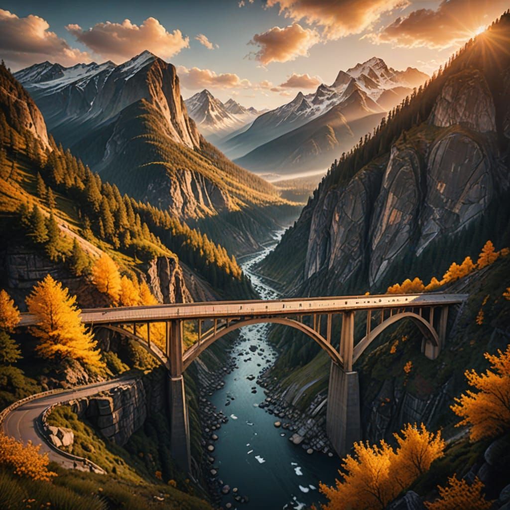Majestic Mountain Bridge in Warm Golden Light
