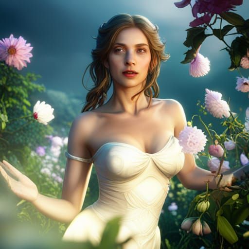 Angelic Woman Blooms Flowers: Fantasy Concept Art