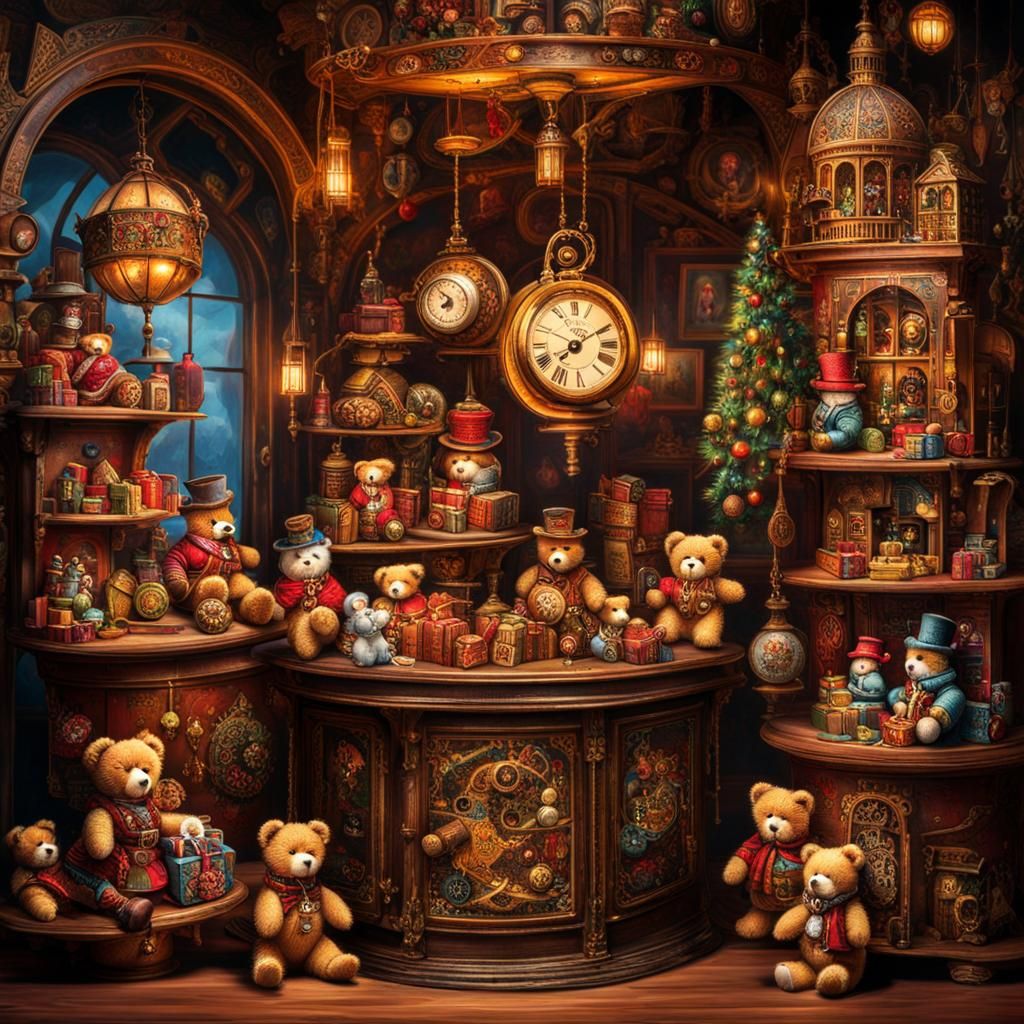 Steampunk Christmas Toy Store with Dolls and Teddy Bears