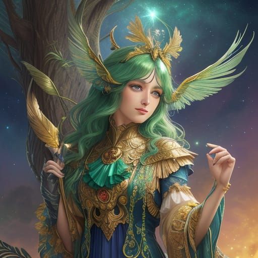 Bioluminescent Tanager in Art Nouveau Style