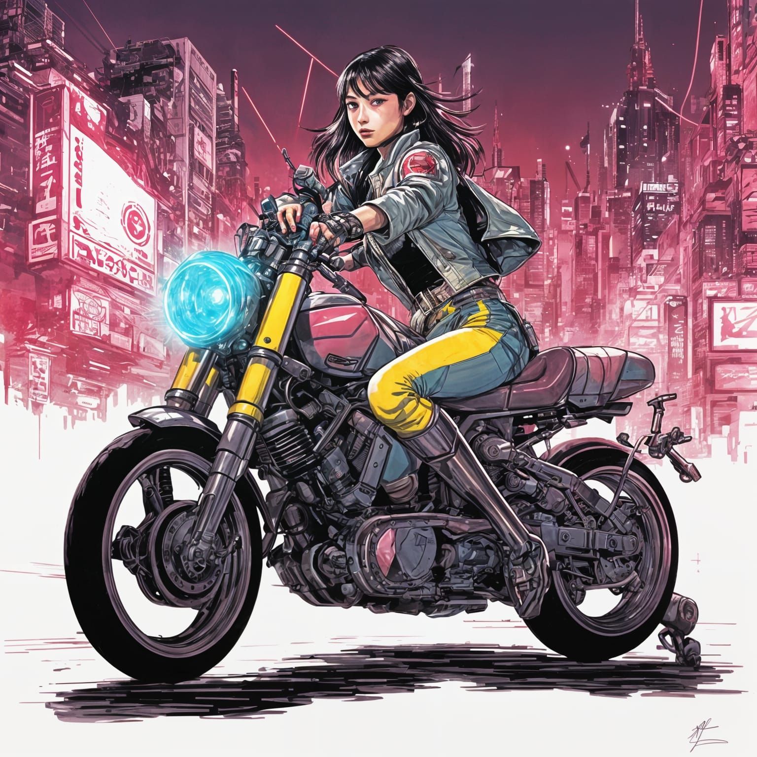 illustration by Hajime Isayama, a cyberpunk girl on a motorbike with a laser sword