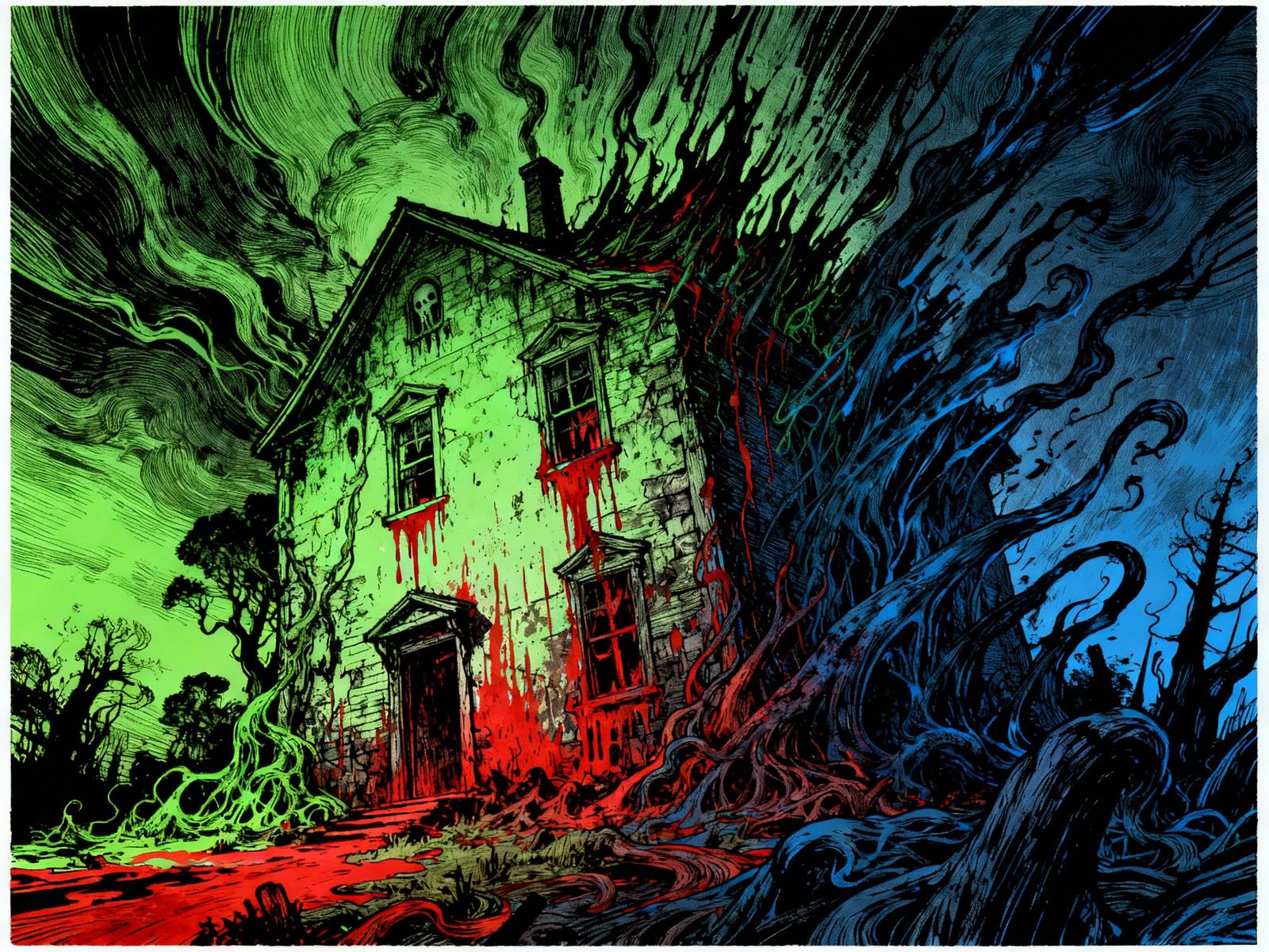 Surreal Haunted House Bleeding Walls in Vivid Ink Style