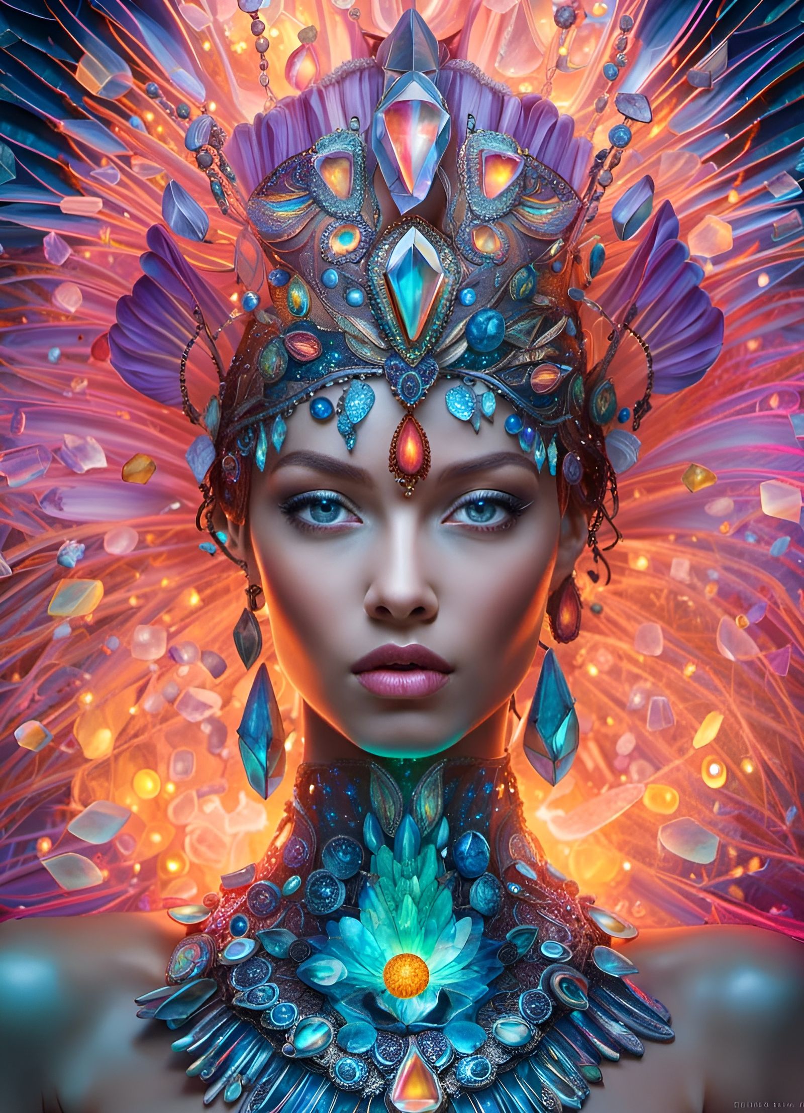 Bioluminescent Crystal Goddess in Underground Grotto