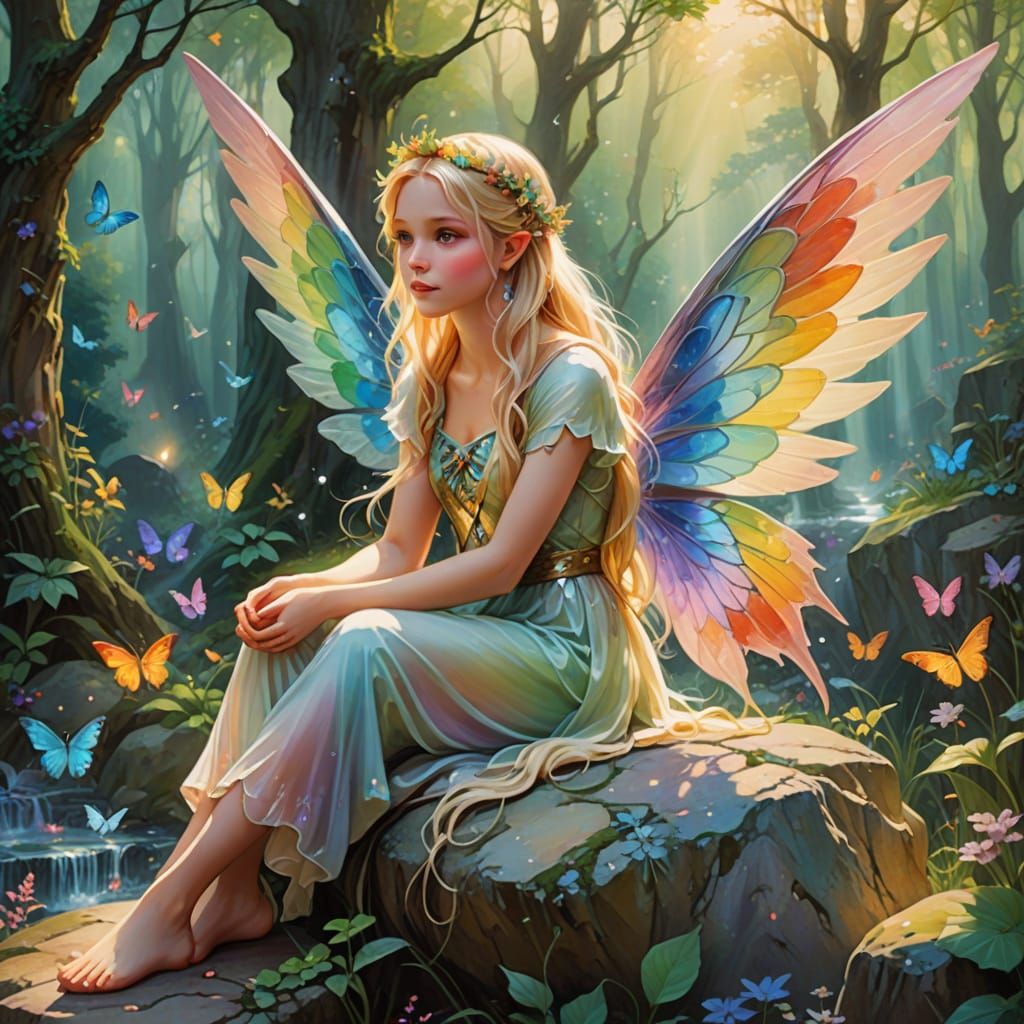 Blonde Fairy with Rainbow Wings in Dreamy Light