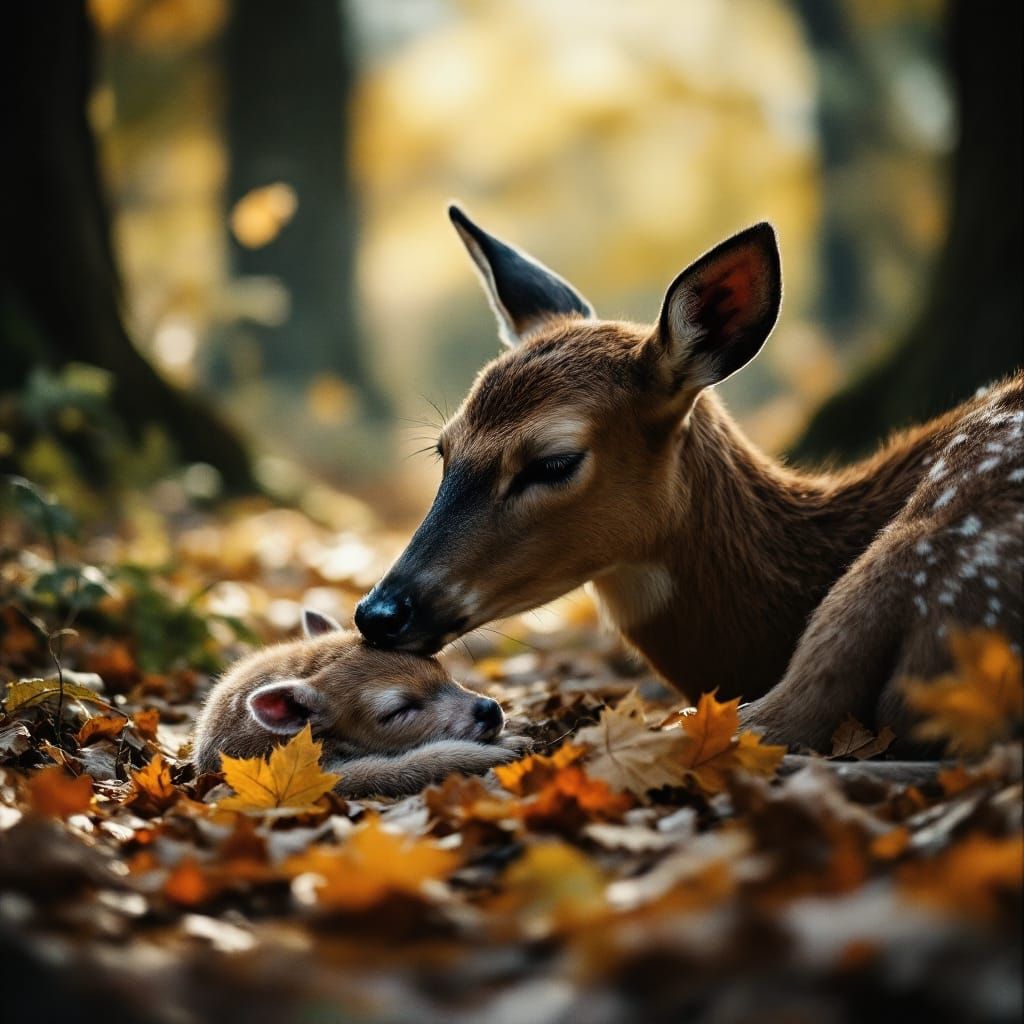 Fawn and Doe in Forest Glade: Cinematic Film Still