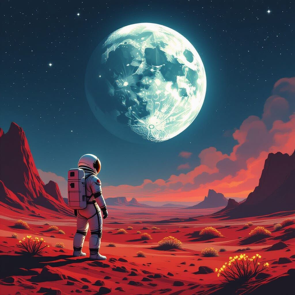 Astronaut Gazes at Giant Crystalline Moon