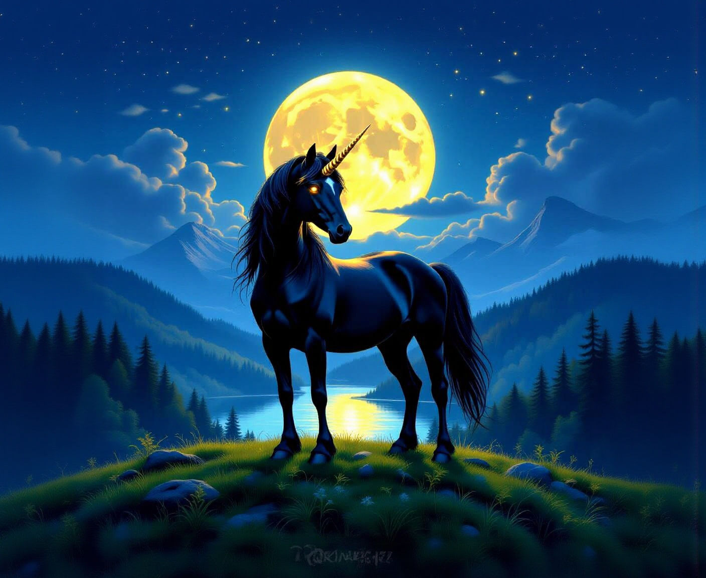 Black and Gold Unicorn Under Moonlight