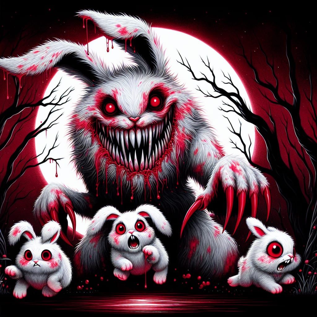 Menacing Rabbit Chases Bunnies in Gothic Forest