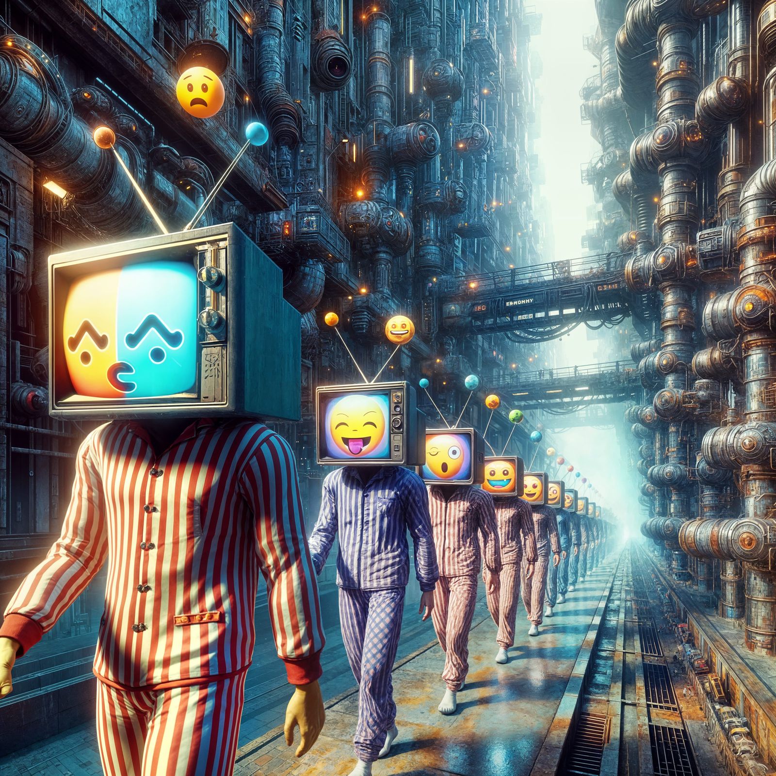 Emoji-Faced Figures in Dystopian Cityscape