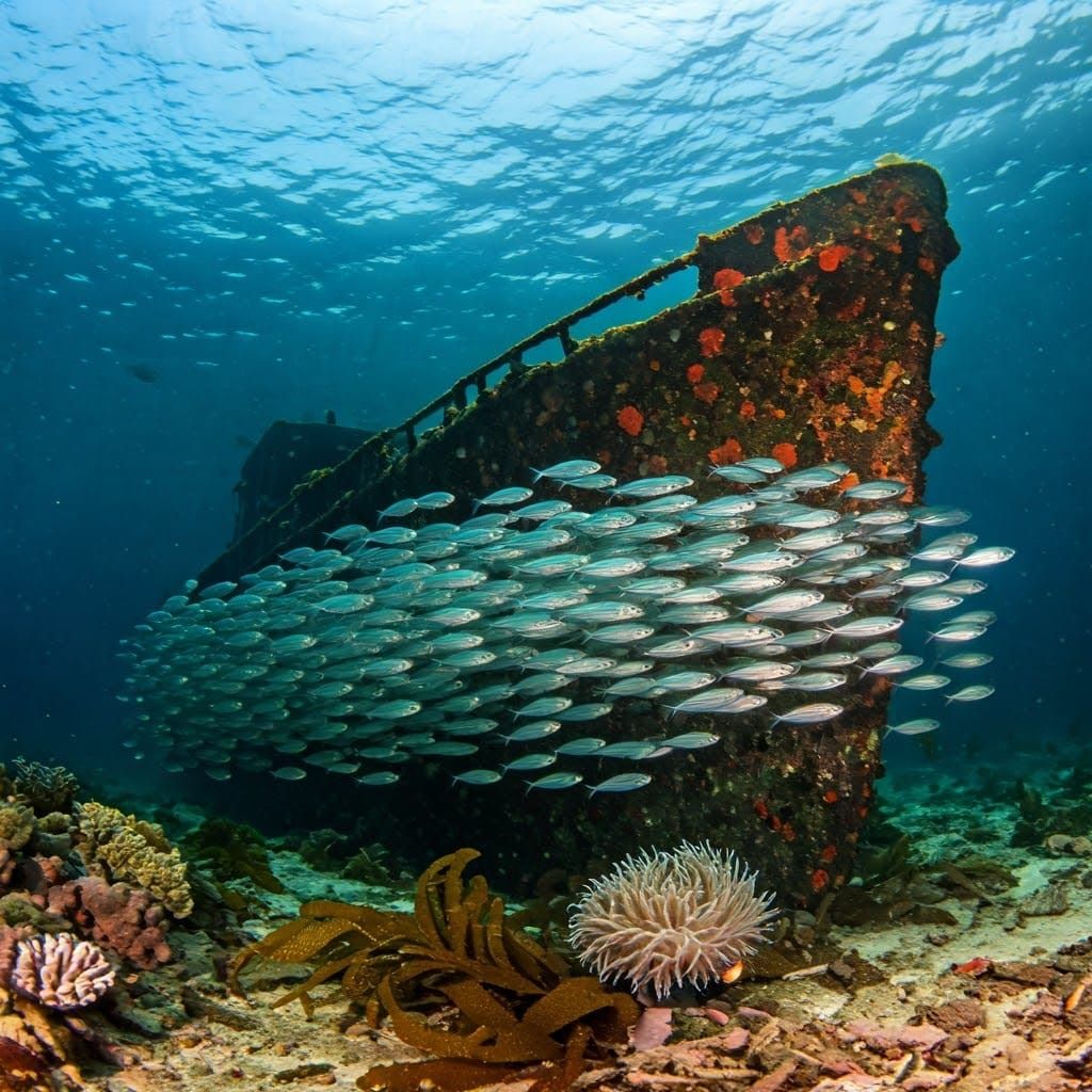 Surreal Ocean Scene Depicts a School of Iridescent Fish Swim...