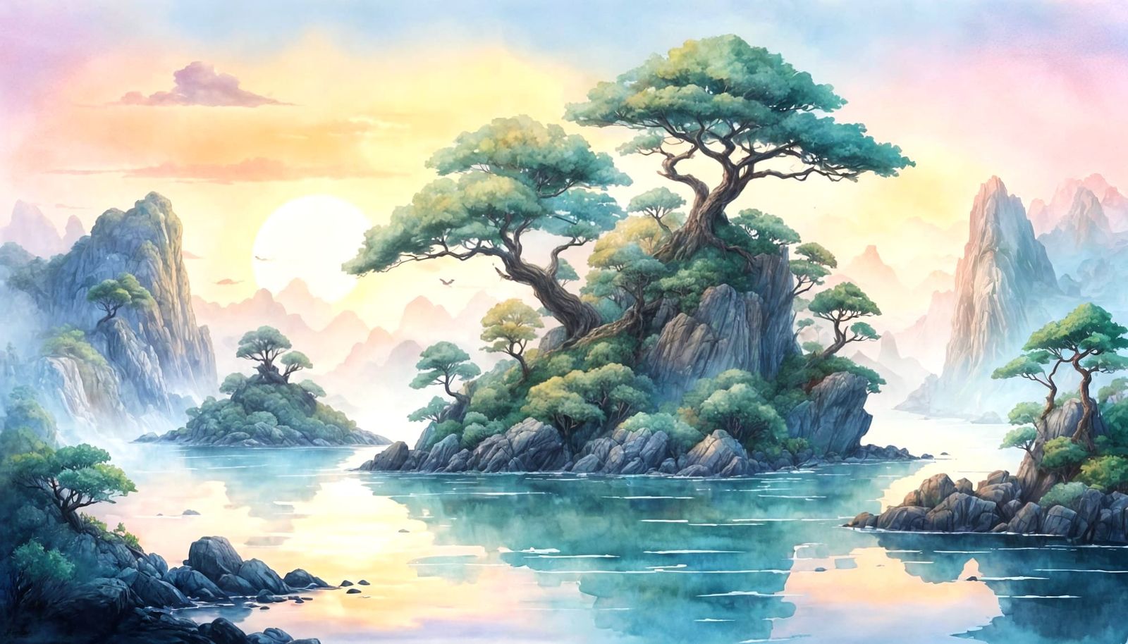 Floating Islands with Glowing Bridges in Pastel Sky