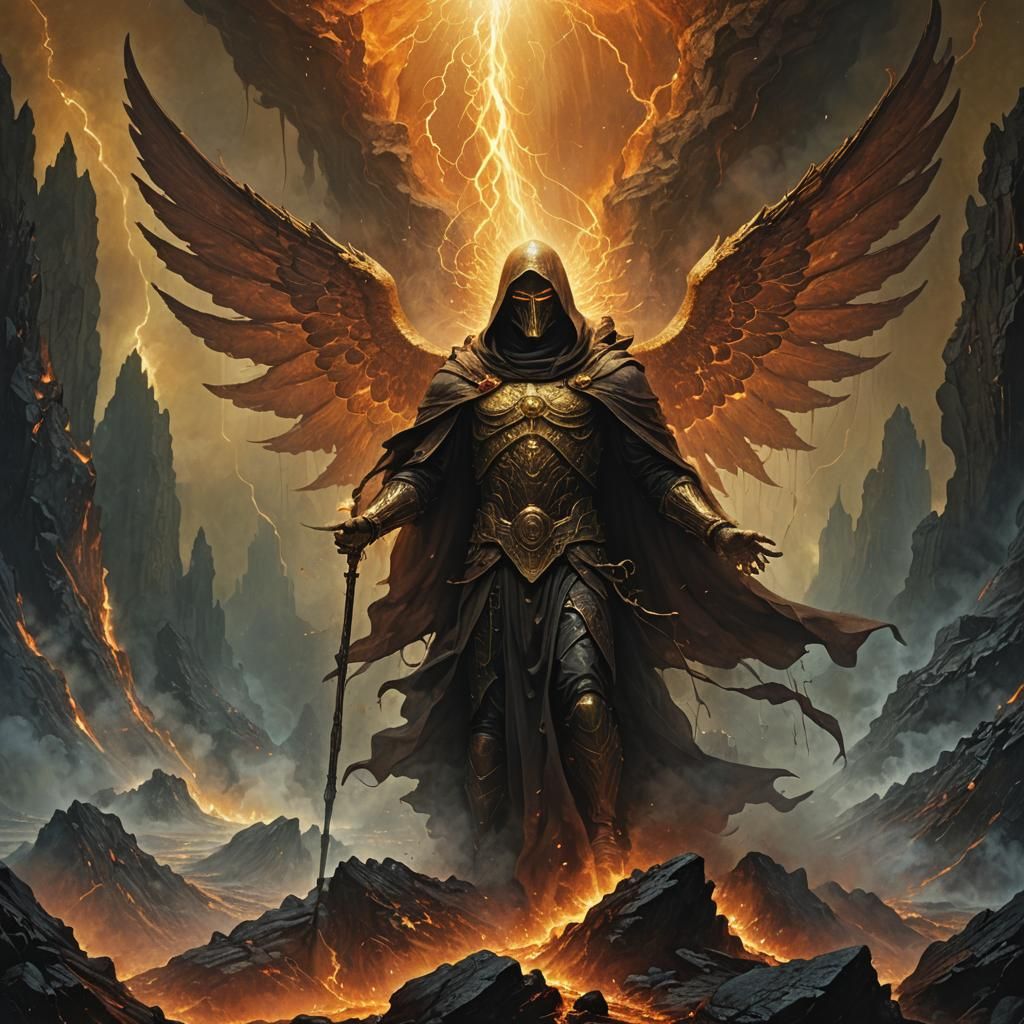Hooded Archangel in Dark Fantasy Underworld