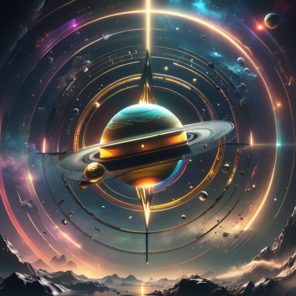 Saturn and Chrome Pentagram in Dark Fantasy Style