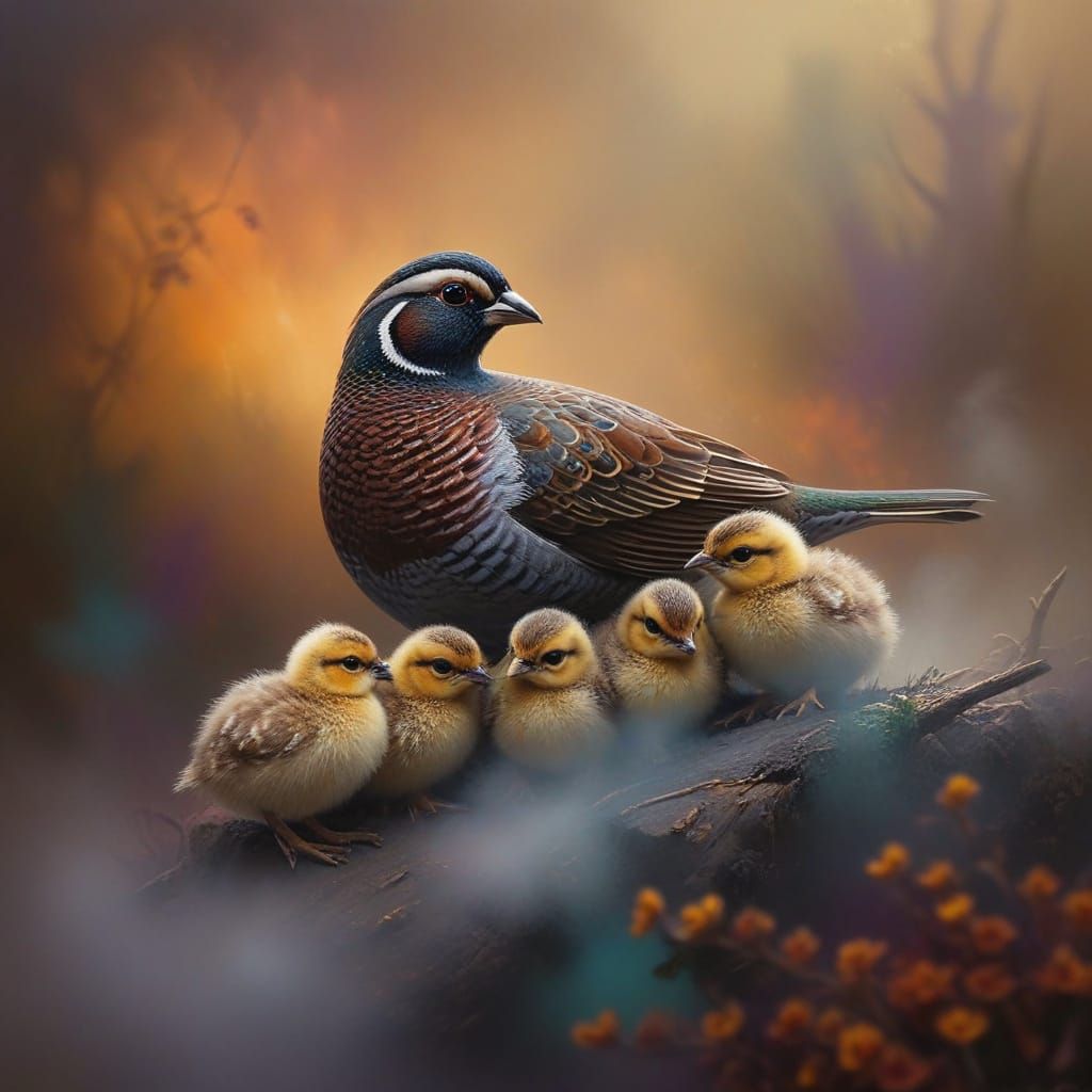 California Quail Family in Vibrant Colored Mist