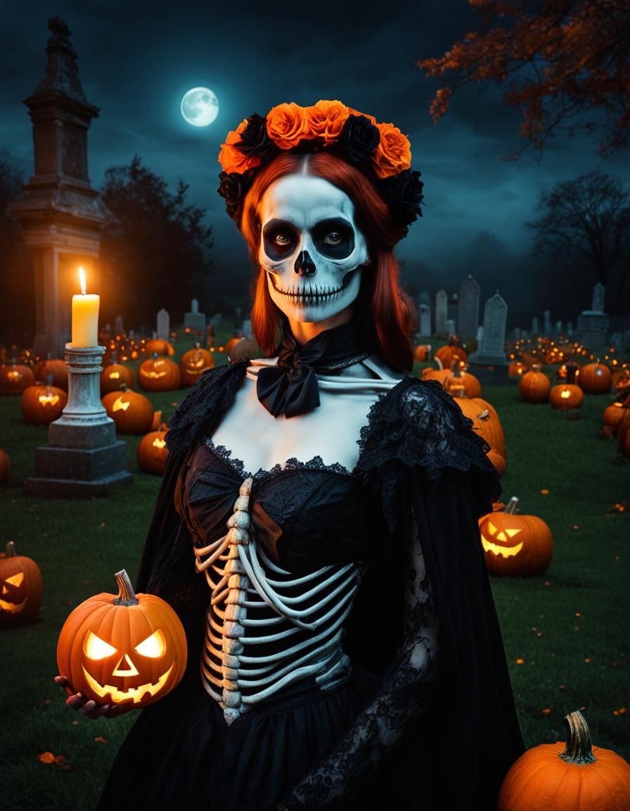 Rainbow Skeleton in Cemetery Under Orange Moon