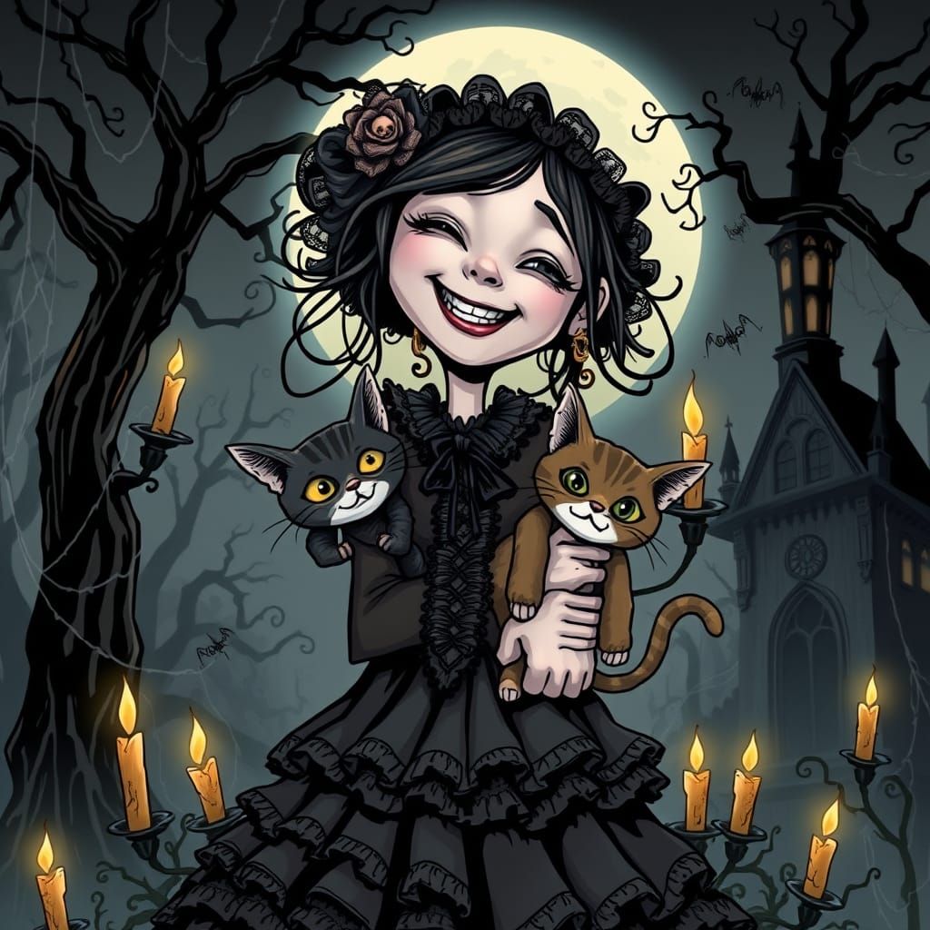 Gothic Girl with Cat in Cartoon Style
