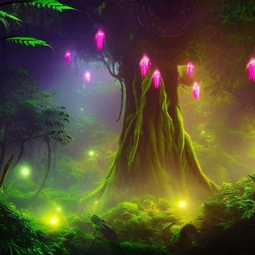 Luminescent Alien Flowers in a Dense Jungle