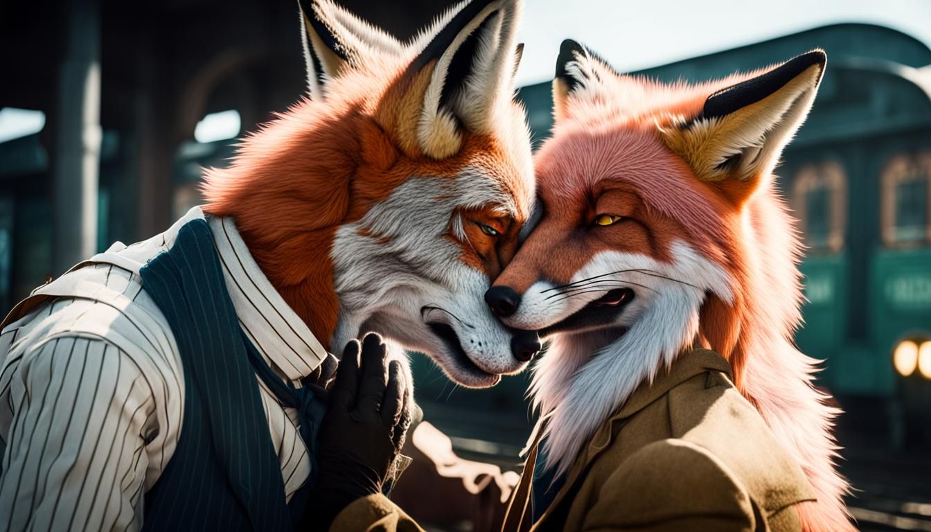 Heartfelt Goodbye: Furry Couple at Train Station