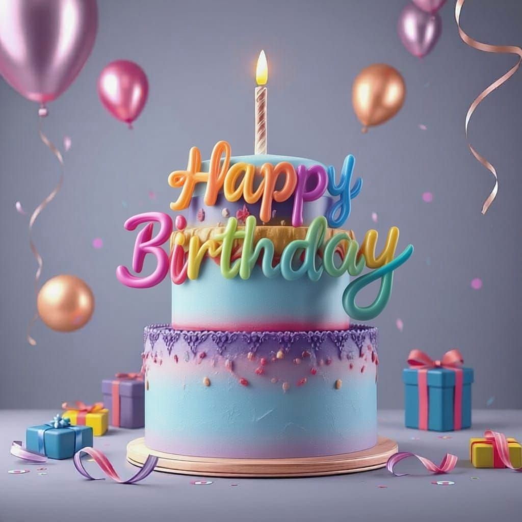 Vibrant Birthday Cake Celebration in Bold 3D Typography Styl...