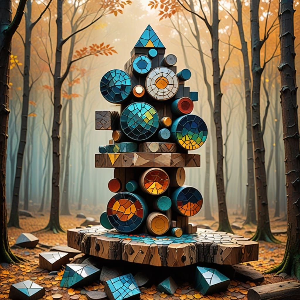Geometric Mosaic Sculpture in Worn Log Setting