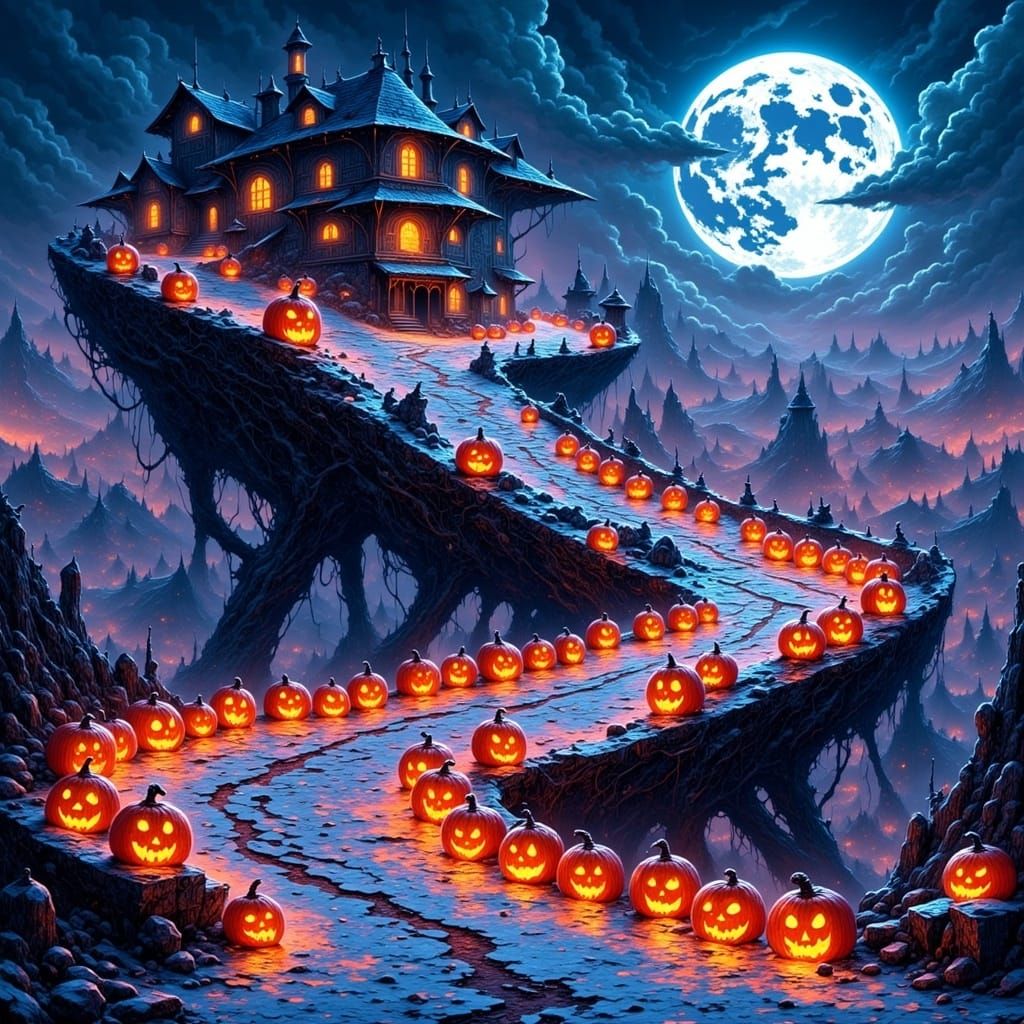 Snowy Spiral Hill with Glowing Jack-o'-Lanterns in Cyberpunk...