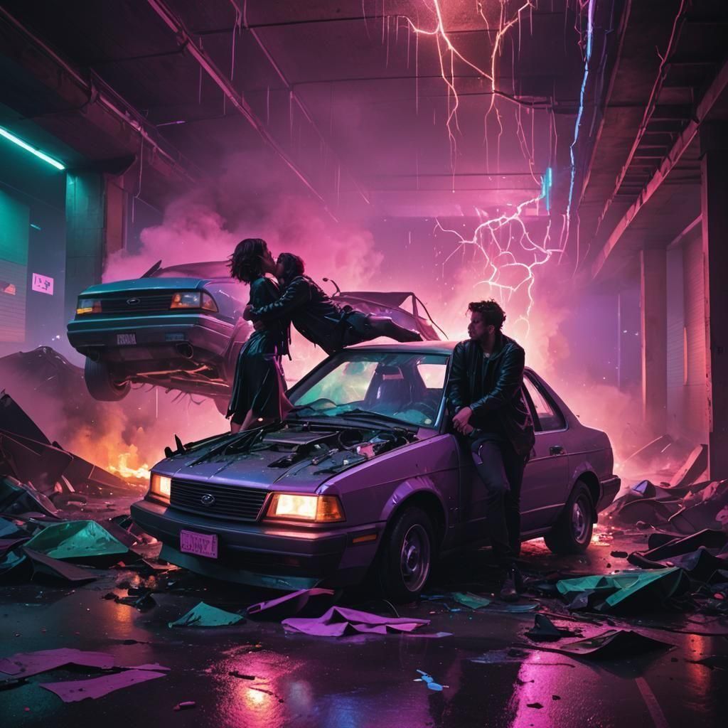 Synthwave Car Crash Couple in Neon Lights