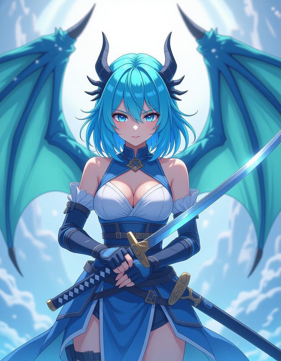 Anime Woman With Green Hair and Dragon Wings Holding Katana