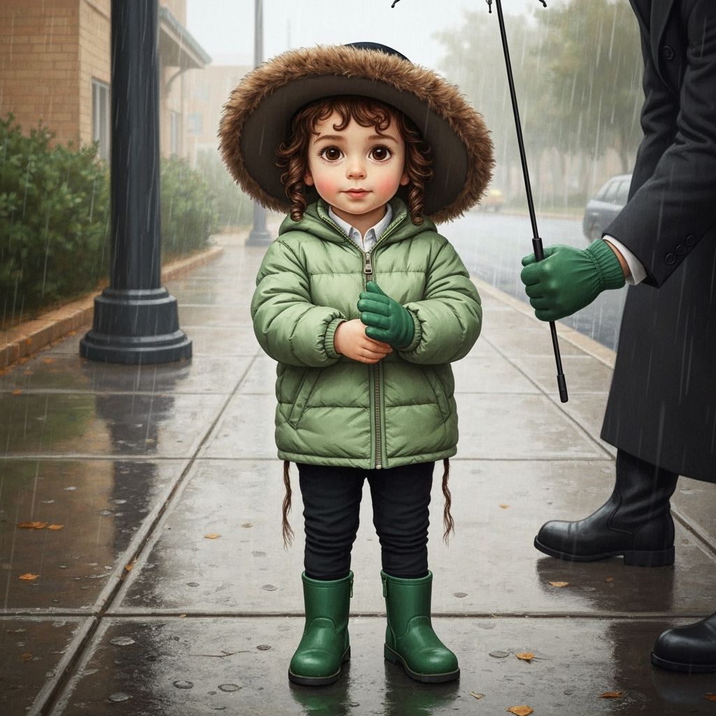 Cute Haredi Boy in Green Jacket on Rainy Sidewalk