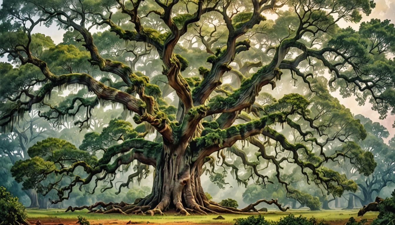 Angel Oak Tree in Dreamy Romantic Watercolor Style