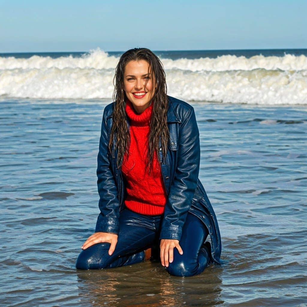 Woman Kneeling in Surf on Sunny Day