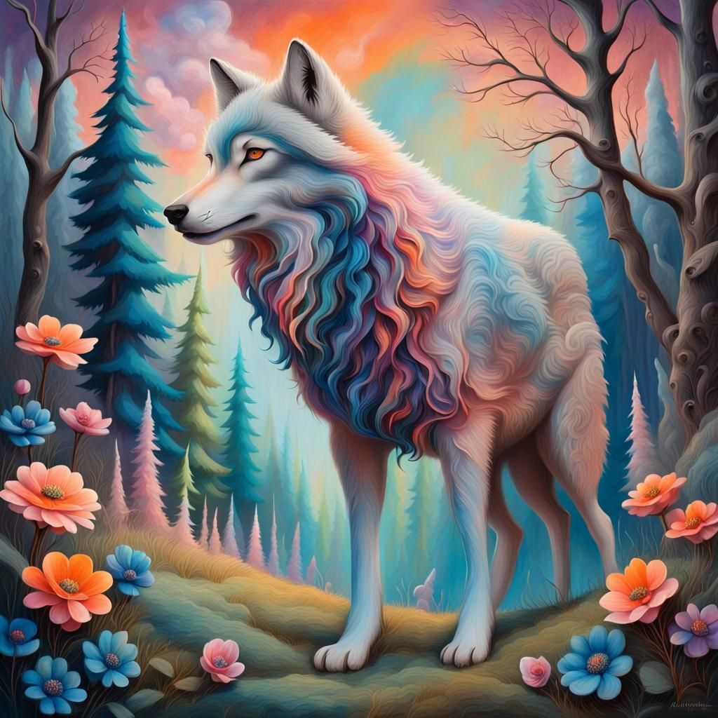 Surreal Wolf-Lamb Fusion in Enchanted Forest