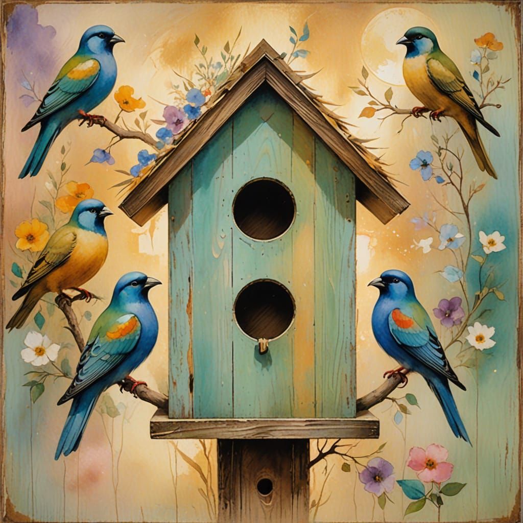 Dreamy Birdhouse in Pastel Mixed Media Style
