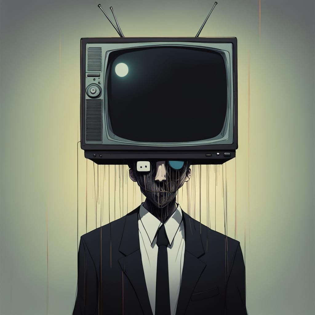 Surreal TV Head in Anime Cel-Shaded Style