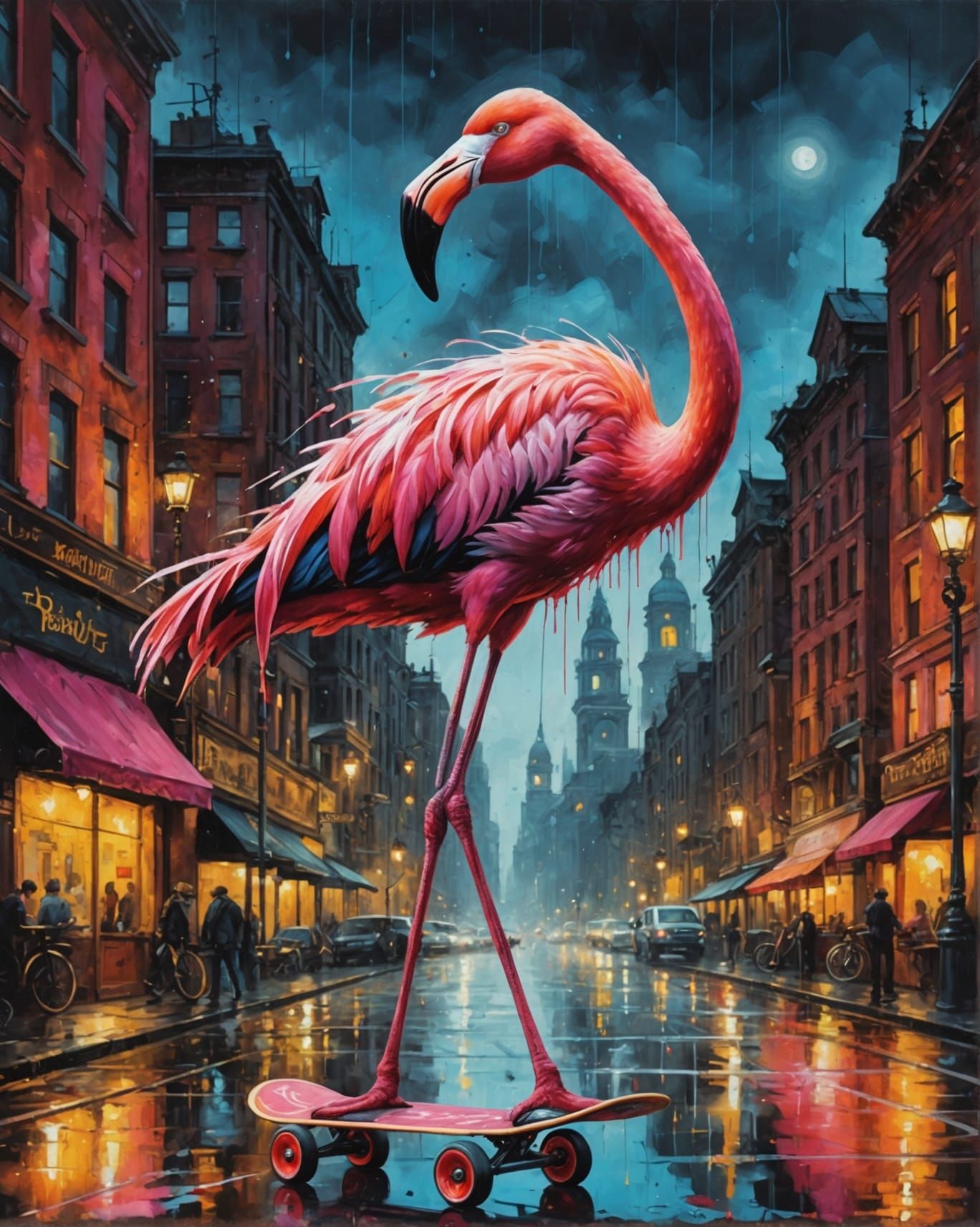 Steampunk Flamingo Acrobat in Vivid Cityscape Painting