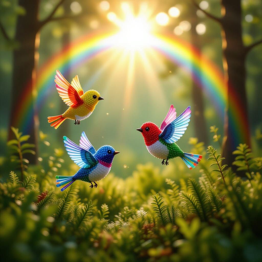 Beaded Birds Fly Through Forest Prism