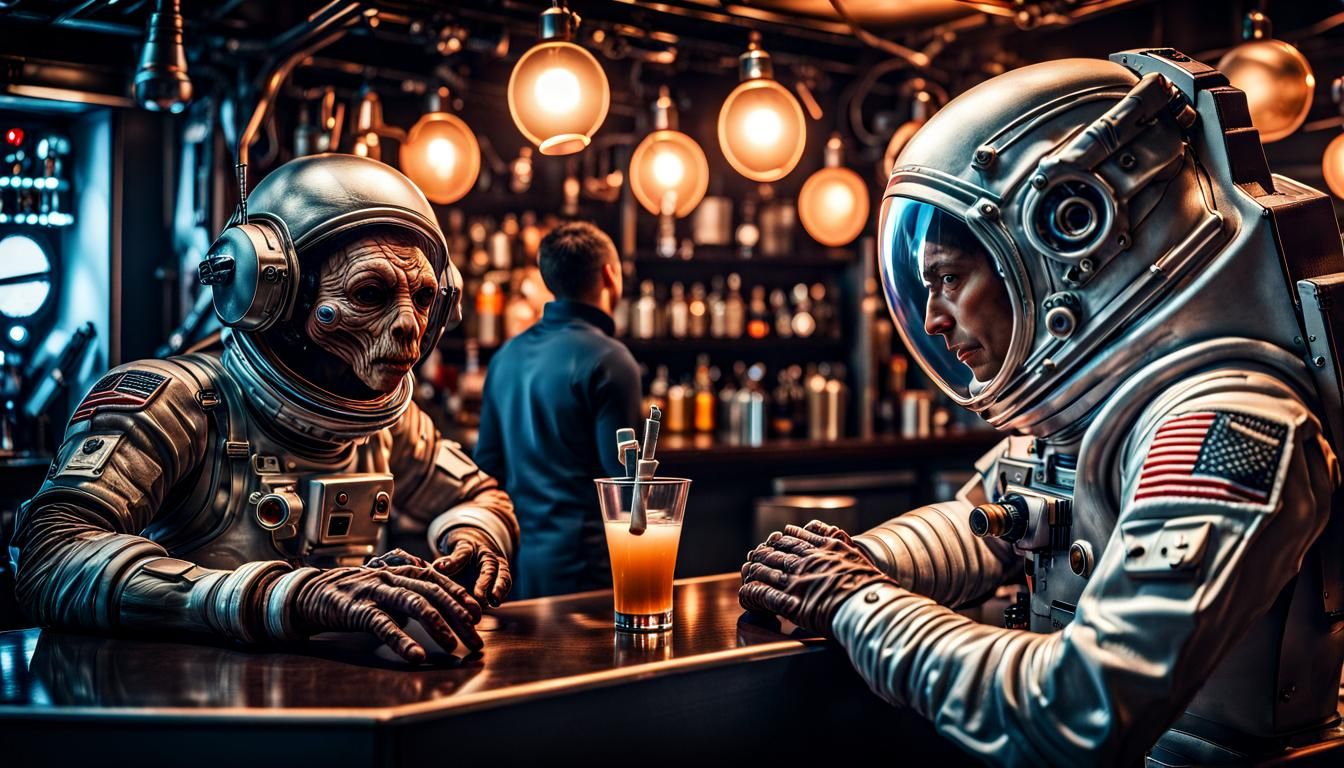 Astronaut and Alien Octopus in Cocktail Bar