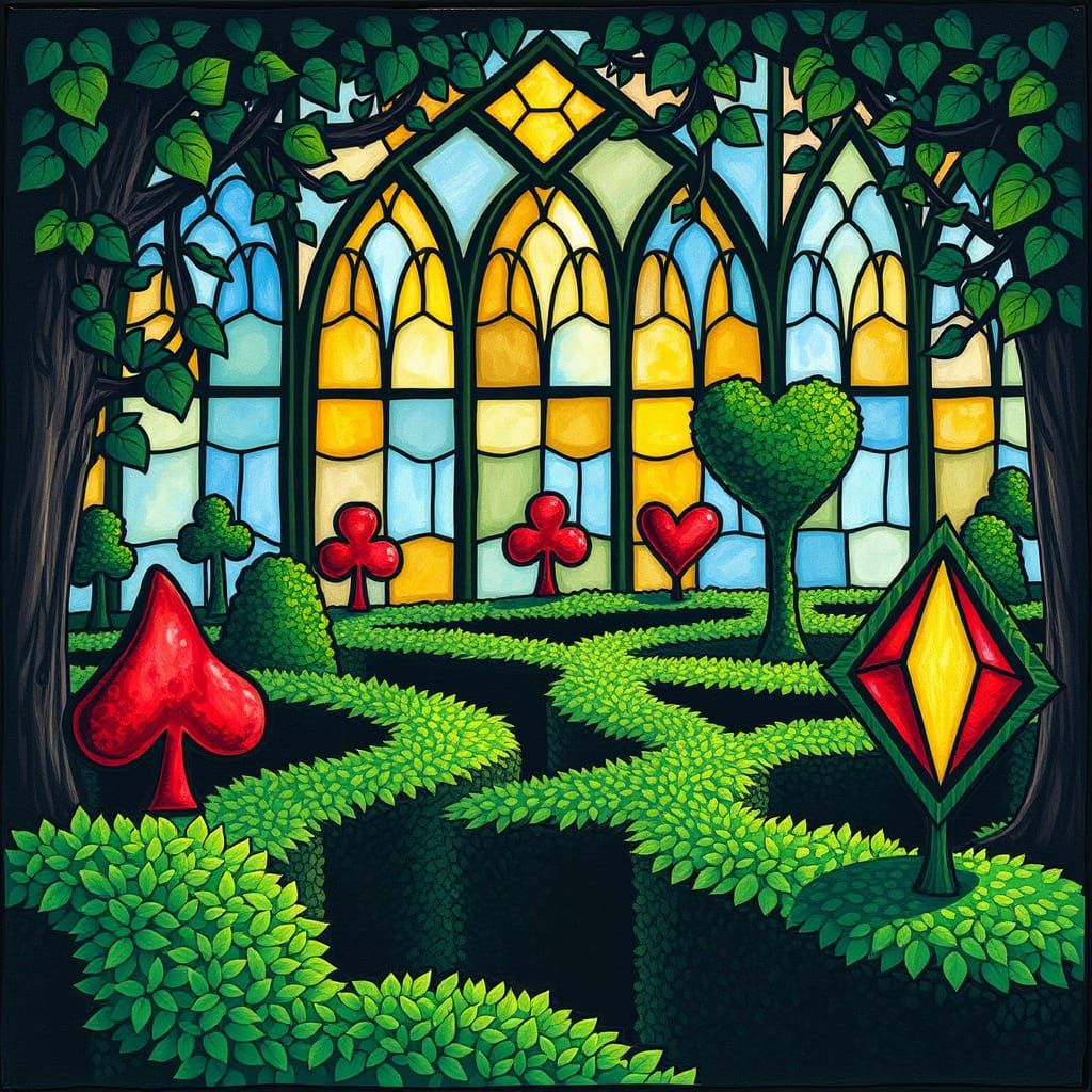 Whimsical Hedge Maze in Stained Glass Style