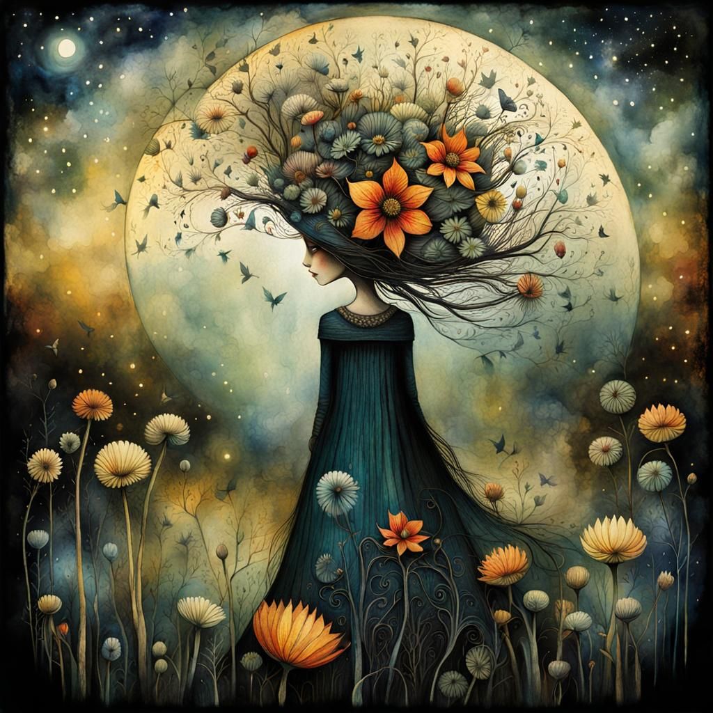 Girl with Flower: Surreal Watercolor Masterpiece