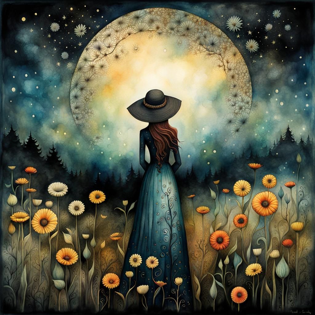 Girl with Flower Watercolor in Surreal Style